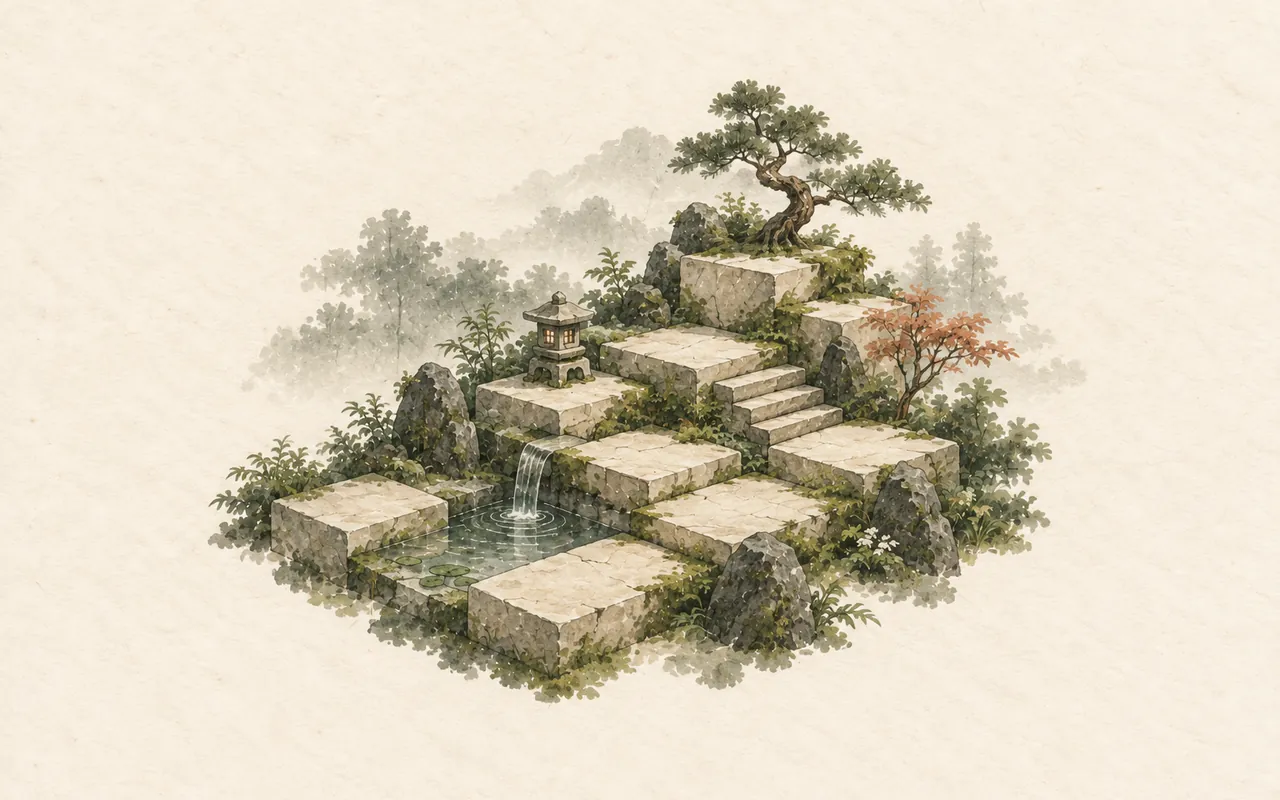 A little 2048: ink-wash illustration of square stepping stones descending a mossy garden slope into a pond beneath a bonsai pine
