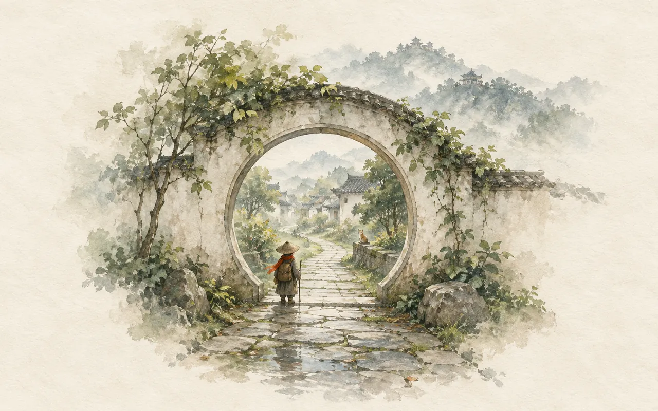 The City of Attention: ink-wash illustration of a traveler in a red scarf walking a rain-washed stone lane through a round moon gate