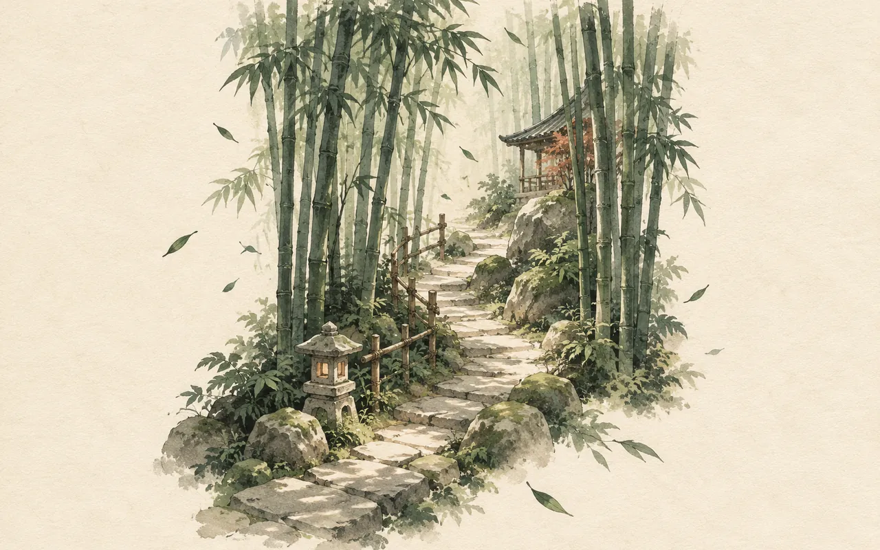 Bamboo wind: ink-wash illustration of a stone path winding through a tall bamboo grove toward a small shrine