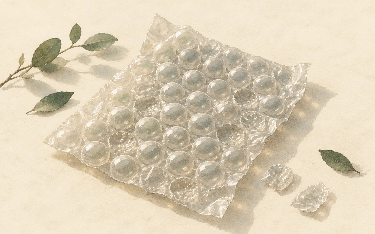 Bubble wrap: ink-wash illustration of a sheet of bubble wrap with a few green leaves scattered around it