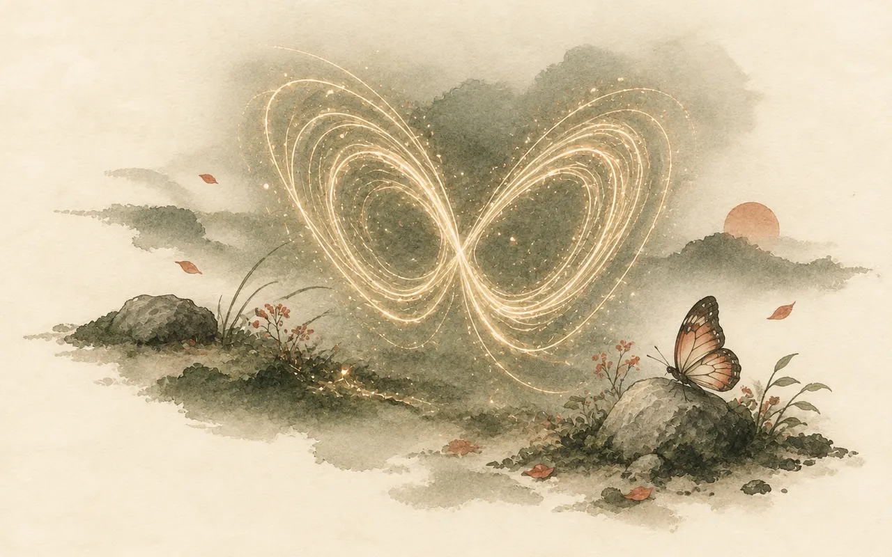 Butterfly drift: ink-wash illustration of two glowing threads looping into a butterfly shape over a misty hillside, with a butterfly on a stone