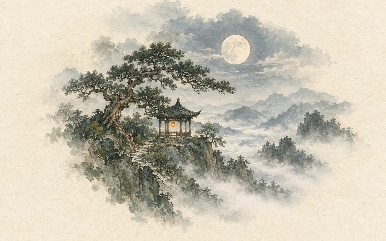 City at Rest: ink-wash illustration of a lantern-lit pavilion beneath an old pine above rolling mist, under a full moon