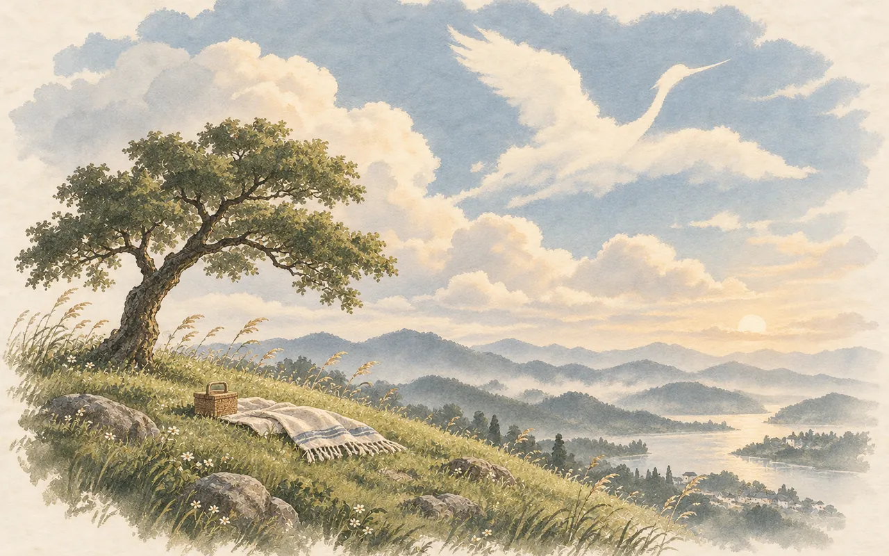 Cloud watching: ink-wash illustration of a lone tree on a grassy hill beneath drifting clouds, one of them shaped like a crane
