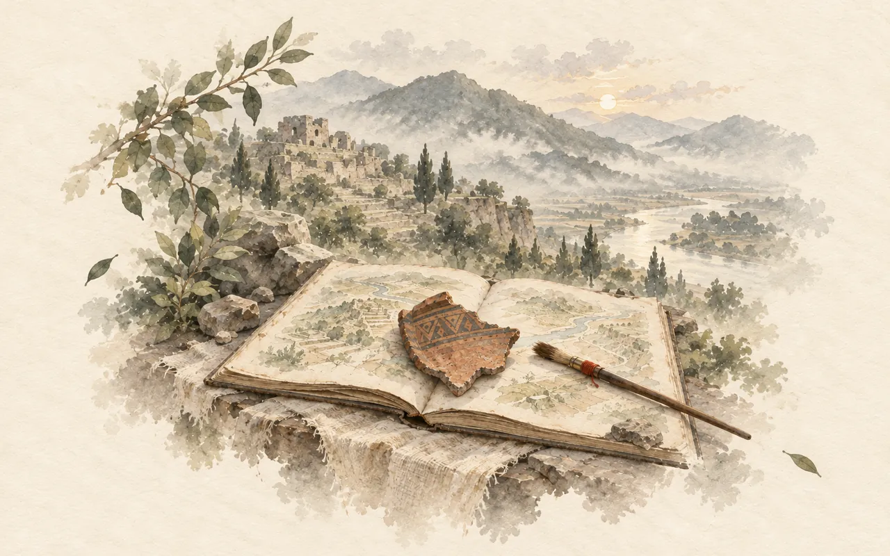 Culture Recipe: ink-wash illustration of an open atlas with a pottery shard and a brush before terraced ruins and misty hills