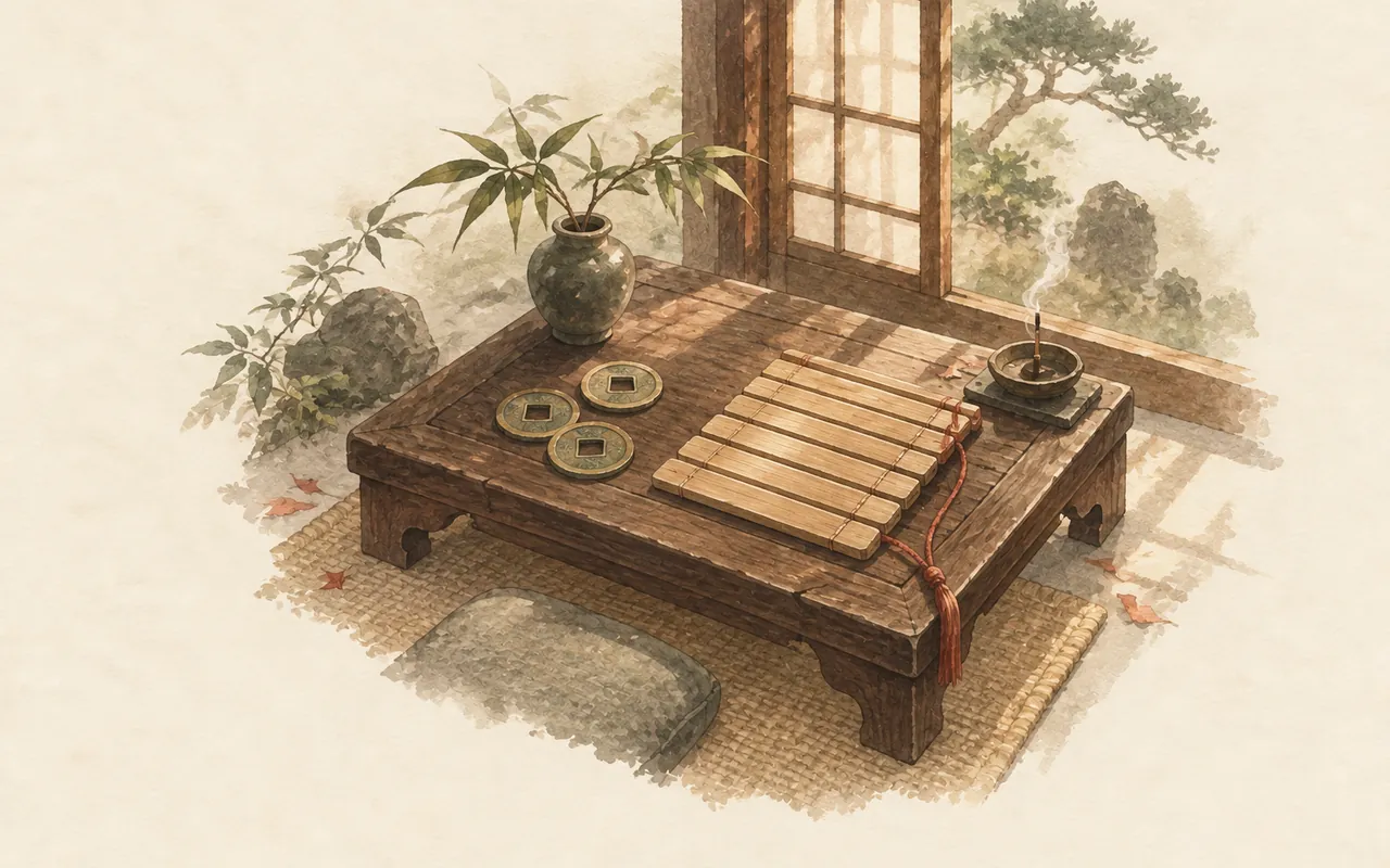 One hexagram a day: ink-wash illustration of three bronze coins and a set of wooden slats on a low table by a lattice window