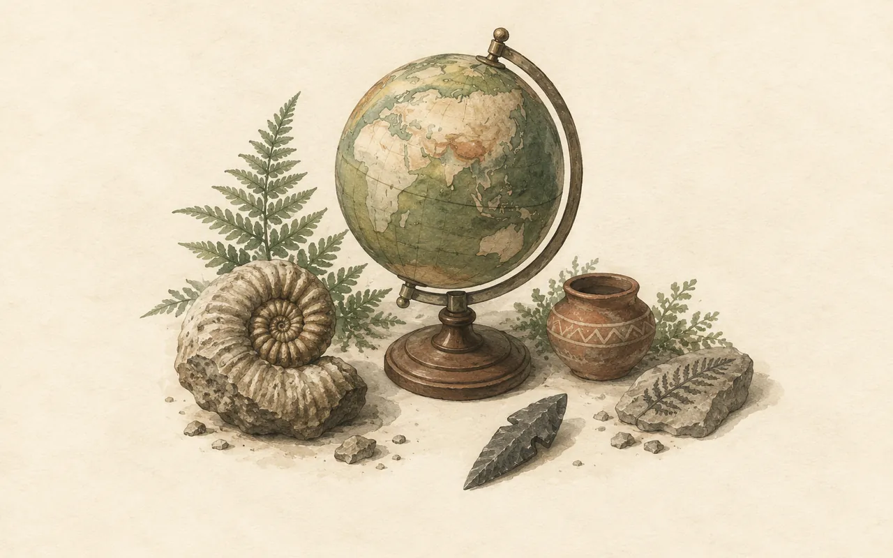 Earth through time: ink-wash illustration of an antique globe beside an ammonite fossil, a clay pot and a stone arrowhead