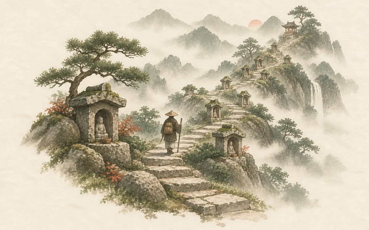 Fifty-three visits: ink-wash illustration of a pilgrim with a staff climbing a stone path past small shrines into misty mountains