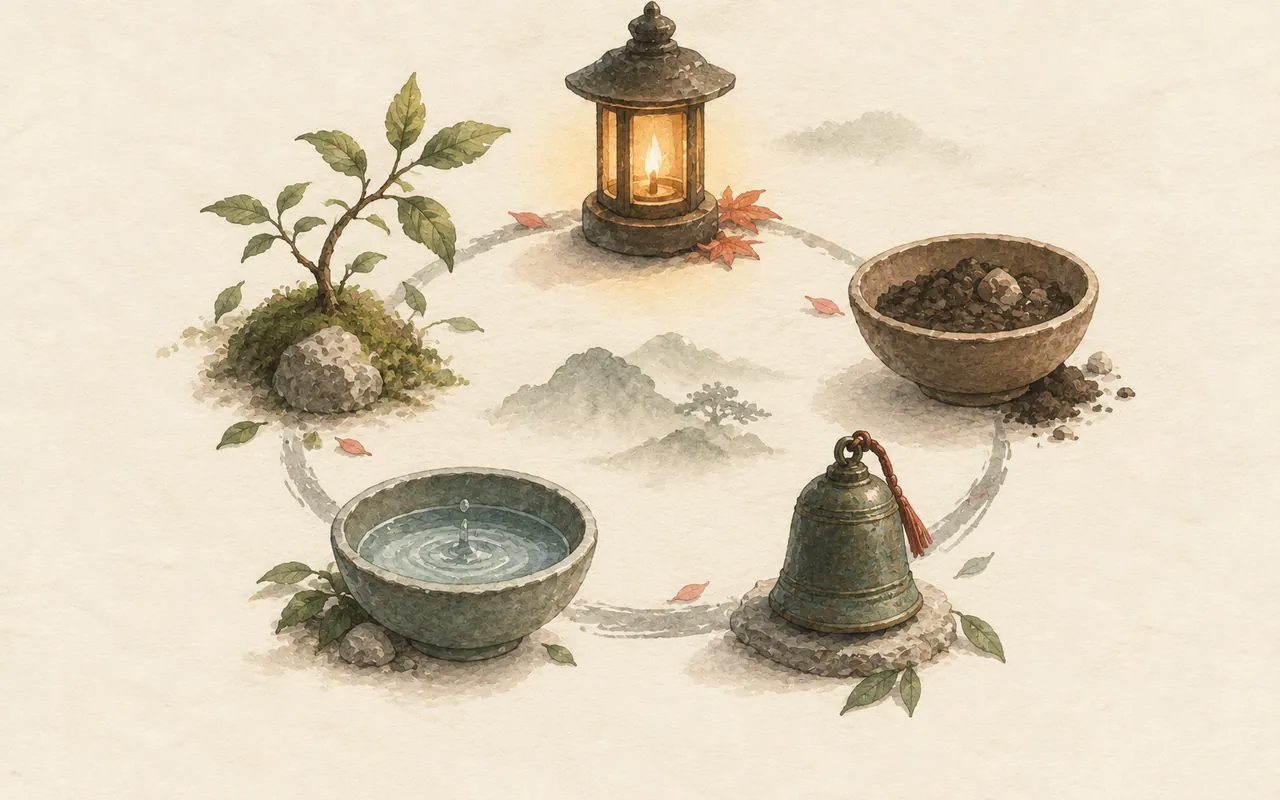 Five elements: ink-wash illustration of a sapling, a lit lantern, a bowl of earth, a bronze bell and a bowl of water set in a circle