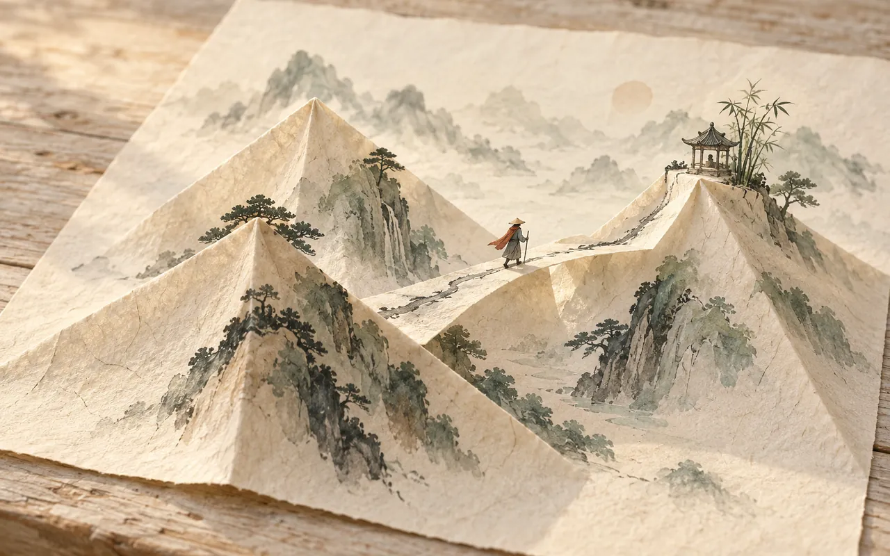 Folded Hills: ink-wash illustration of folded paper mountains and a tiny pavilion on a wooden desk, with an ink path crossing a paper bridge