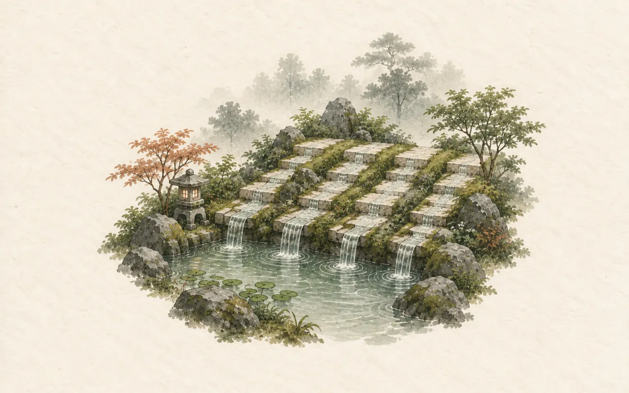 Four lanes, one board: ink-wash illustration of four terraced stone lanes with small waterfalls spilling into a garden pool