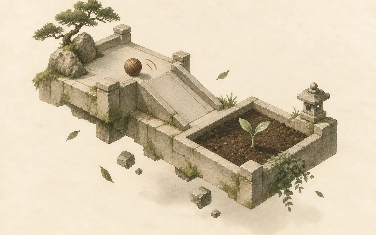 Gravity garden: ink-wash illustration of a tilted stone courtyard where a wooden ball rolls toward a seedling in a bed of soil