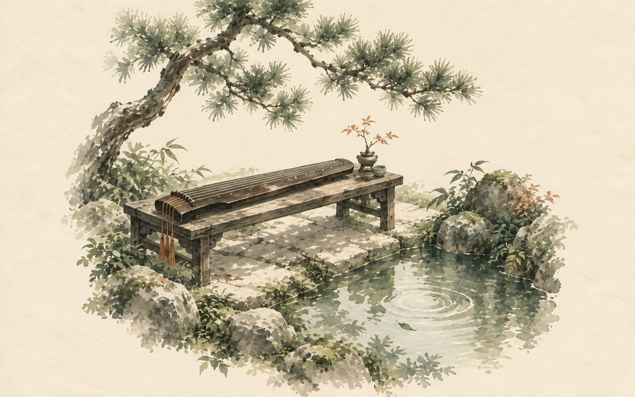 Seven strings: ink-wash illustration of a guqin zither on a wooden bench beneath a pine, beside a rippling pool
