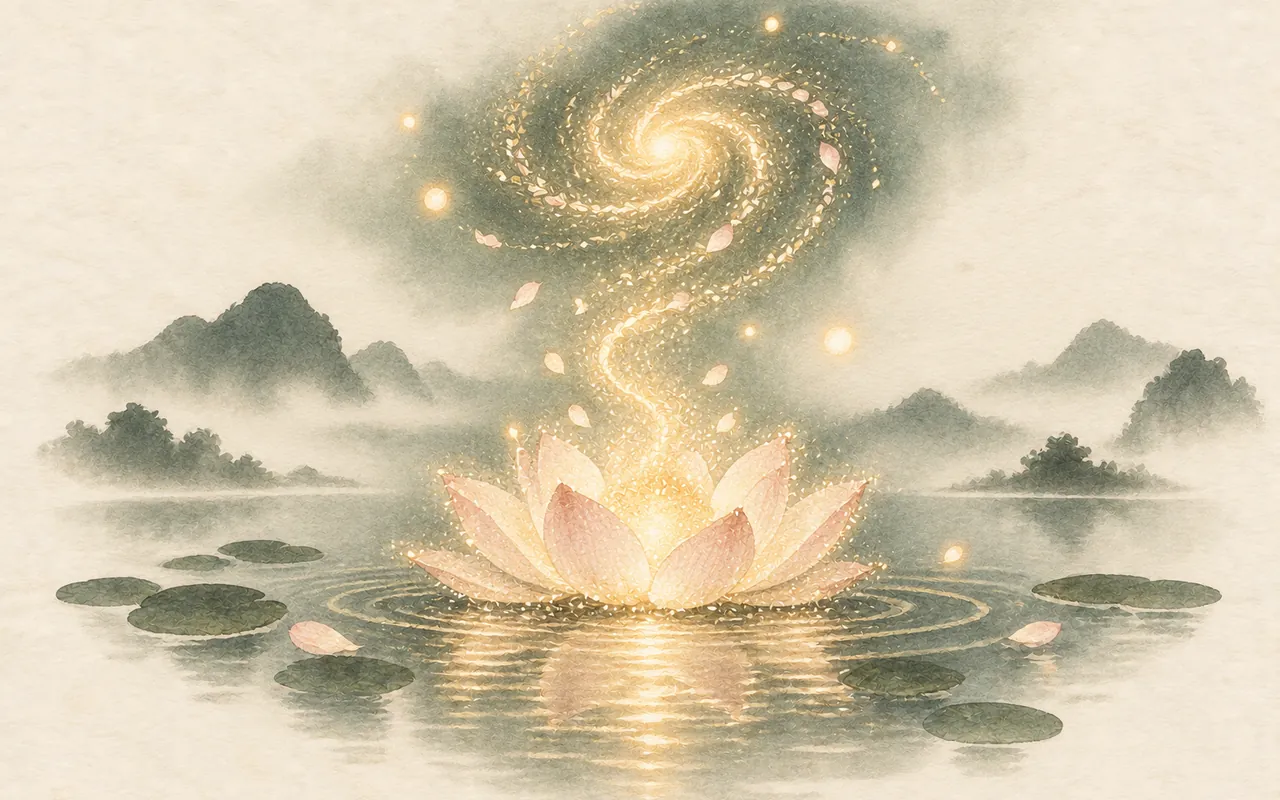Heart bloom: ink-wash illustration of a glowing lotus on a still lake releasing a spiral of light into the sky