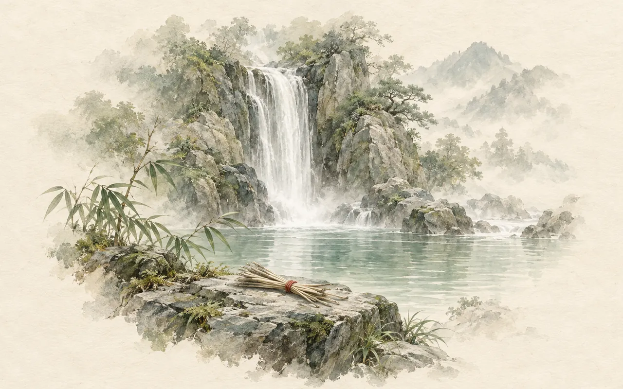 Hexagram Flow: ink-wash illustration of a waterfall pouring into a jade pool, with a bundle of yarrow stalks tied in red cord on a rock