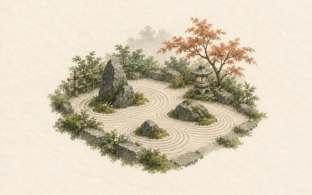 Stone garden: ink-wash illustration of a raked sand garden with standing stones, a stone lantern and a red maple