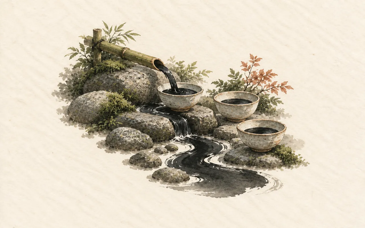Ink and stones: ink-wash illustration of ink flowing from a bamboo spout over mossy stones into small bowls