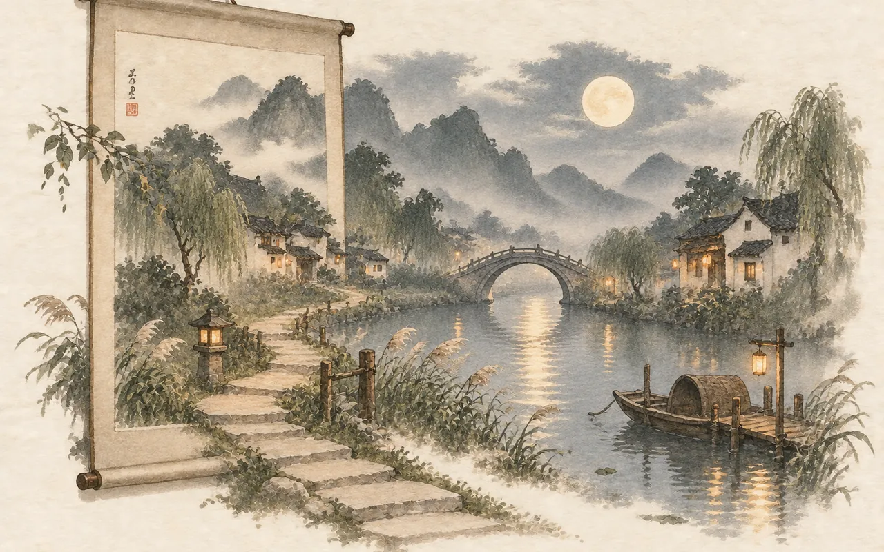 Into the painting: ink-wash illustration of a hanging scroll opening onto a moonlit river village with an arched stone bridge