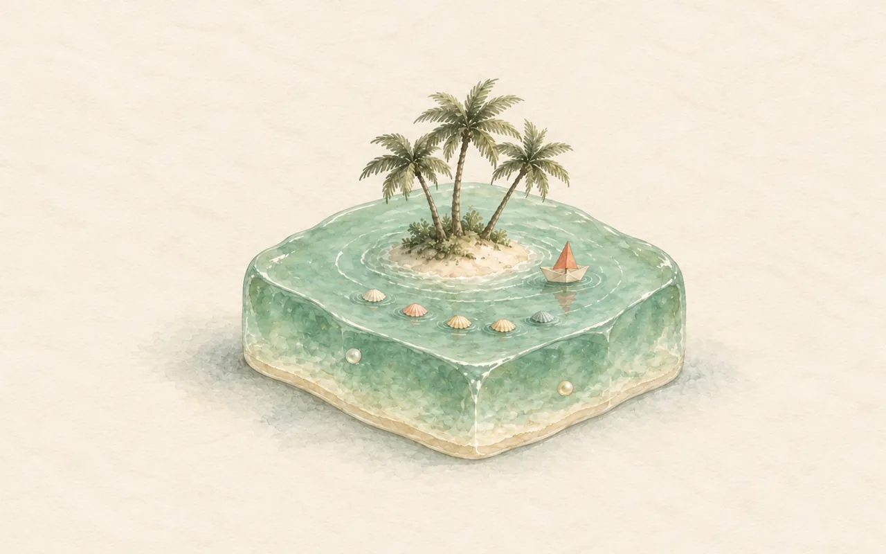 Jelly island: ink-wash illustration of a small square of clear jade jelly sea holding a palm island, with a paper boat riding its ripples