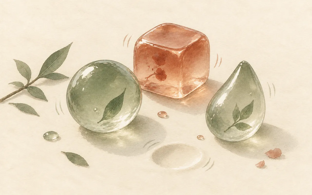 Jelly poke: ink-wash illustration of a translucent green jelly sphere, a pink jelly cube and a jelly droplet