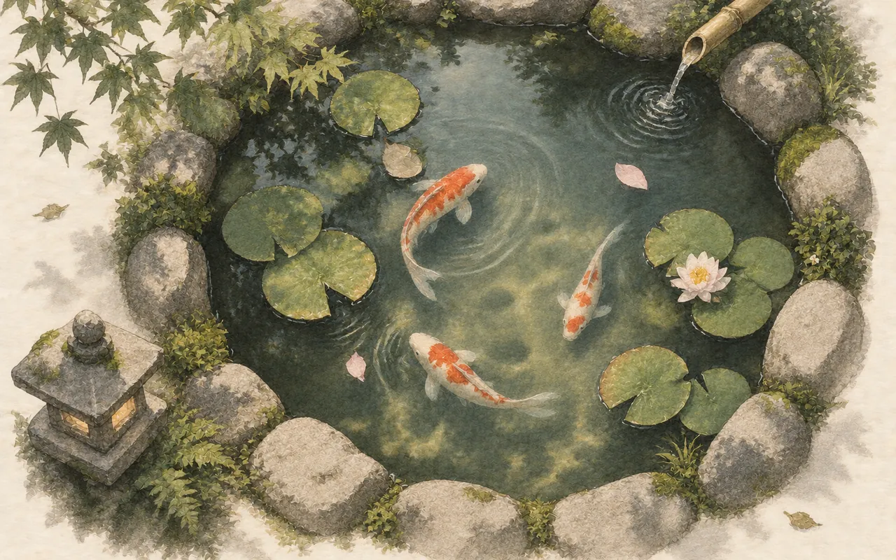Koi pond: ink-wash illustration of koi gliding among water lilies in a stone-edged garden pond, seen from above