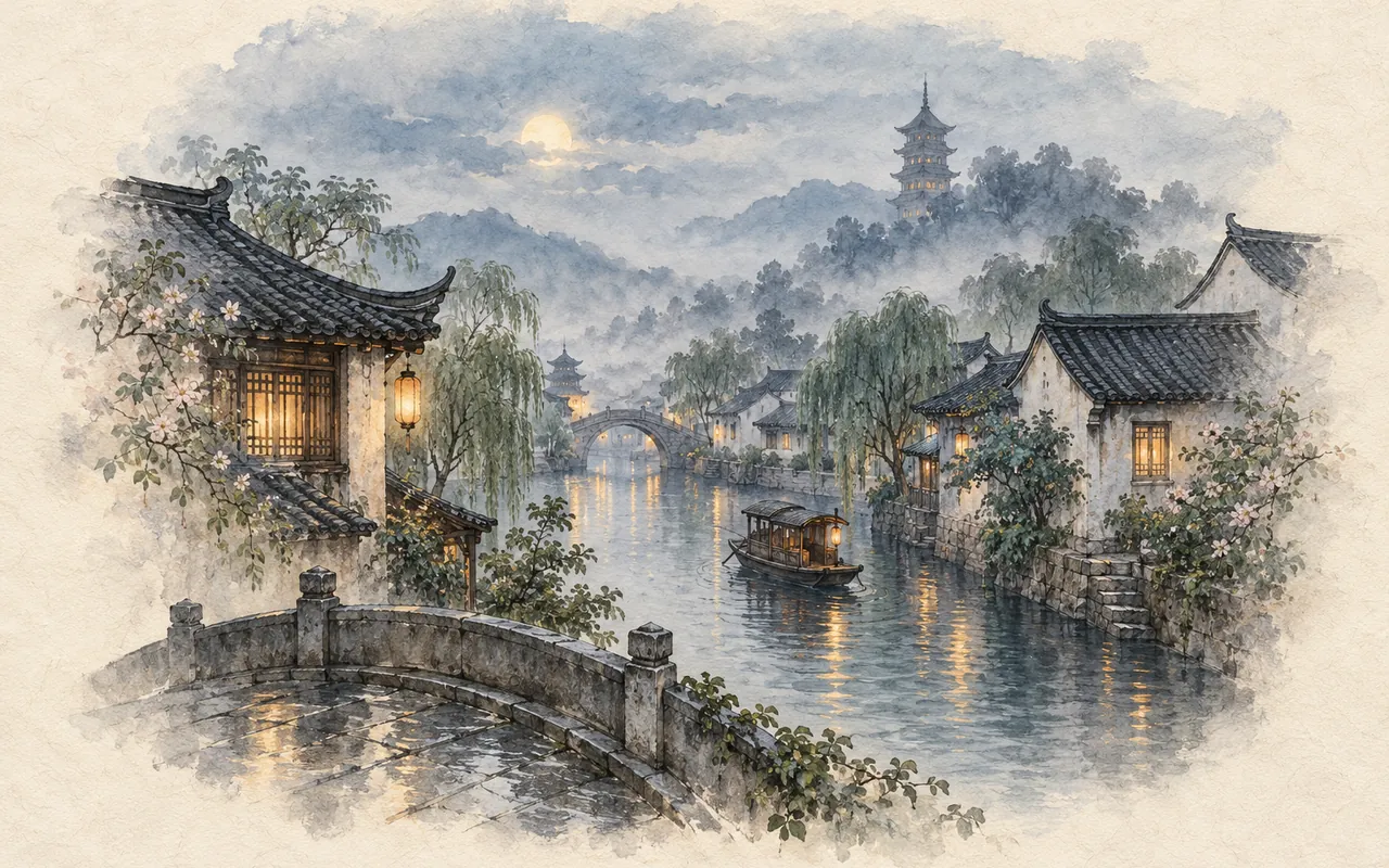 Lantern River: ink-wash illustration of a lantern-lit river town with moon bridges, tiled rooftops and a misty pagoda