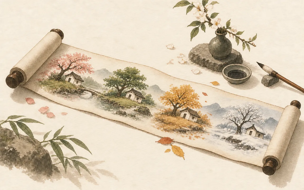 One life, gently: ink-wash illustration of an unrolled scroll painted with spring, summer, autumn and winter beside an ink stone and brush
