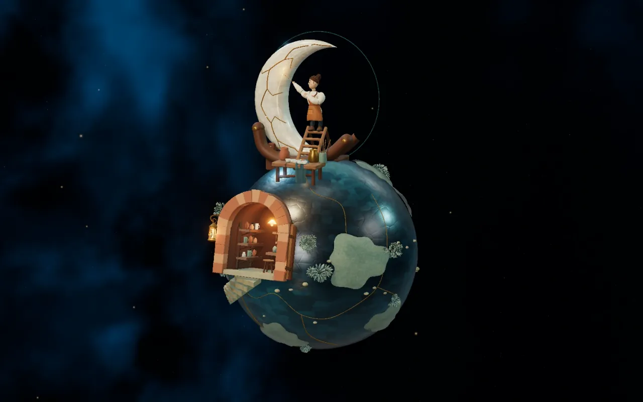 Little Worlds: a tiny teal ceramic planet with a golden-mended crescent moon, a warm workshop and an artisan holding a fine brush