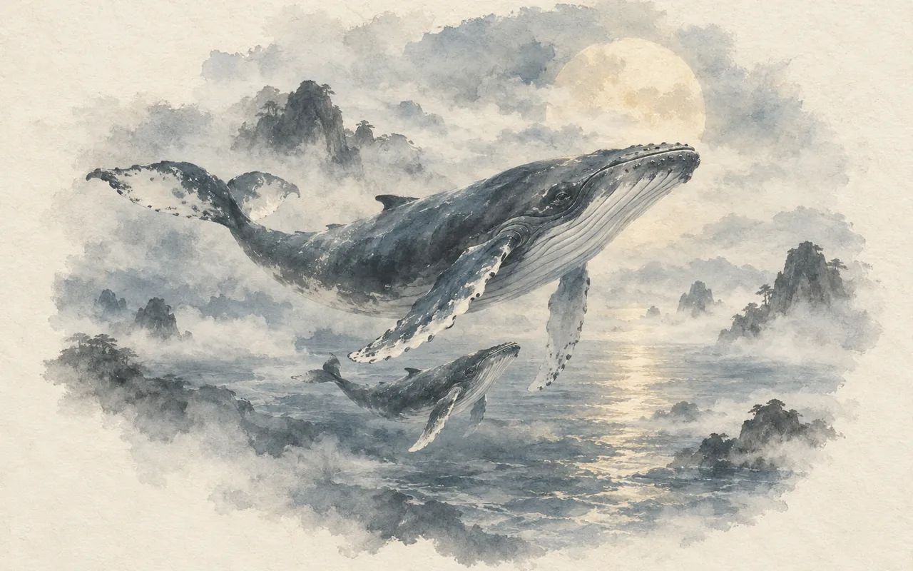 Whales of the Moon Sea: ink-wash illustration of a silver whale and its calf drifting above a moonlit sea between mist-soft islands