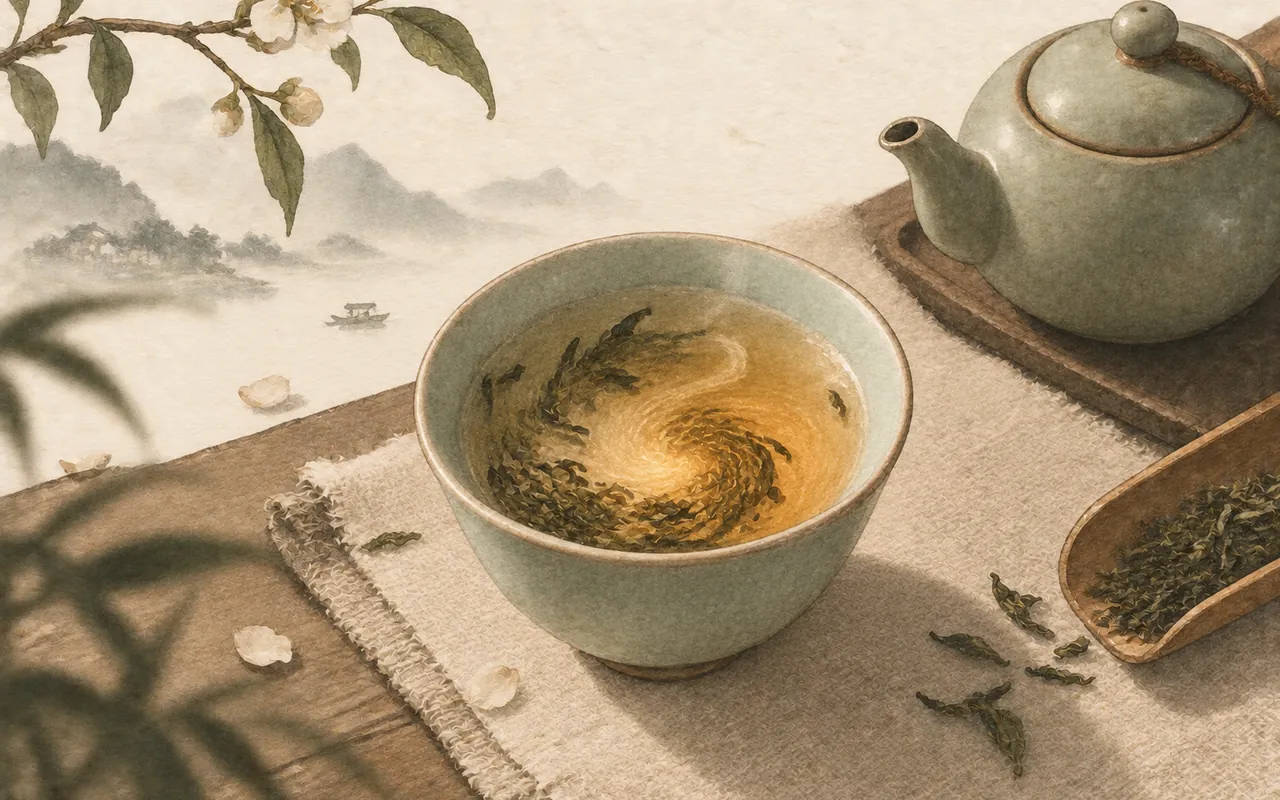 One cup of tea: ink-wash illustration of a celadon bowl of tea with swirling leaves beside a teapot and a scoop of loose tea