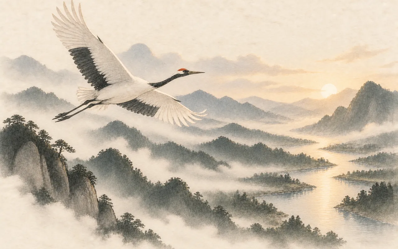 One feather: ink-wash illustration of a red-crowned crane gliding over misty mountains and a river at sunrise