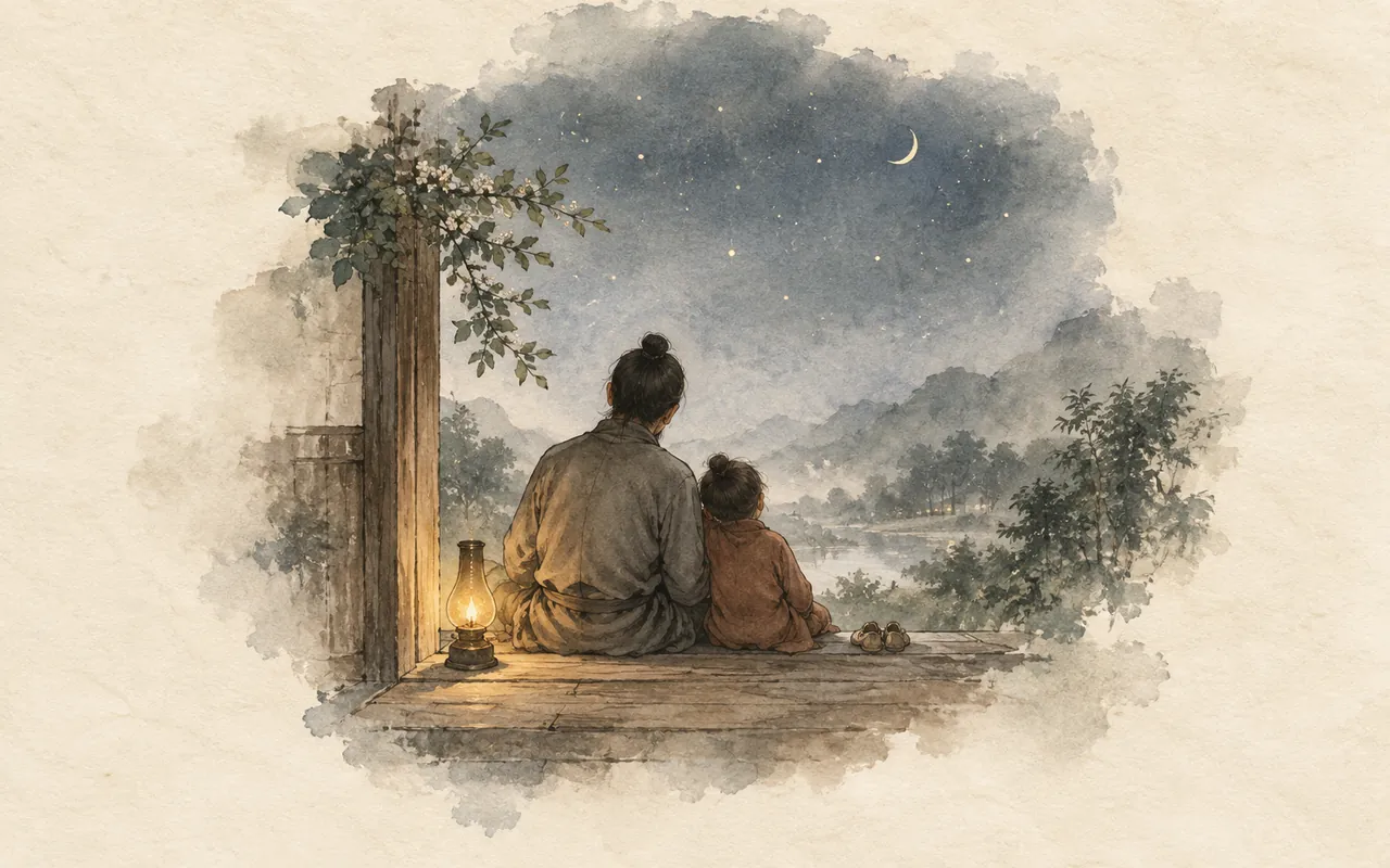 Ordinary light: ink-wash illustration of a father and child seen from behind on a doorstep under the stars, beside a small oil lamp