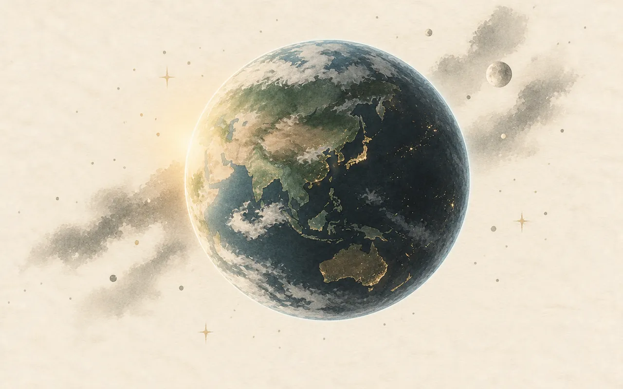 Overview: ink-wash illustration of the Earth seen from orbit, with the Sun rising at its edge and the Moon beyond