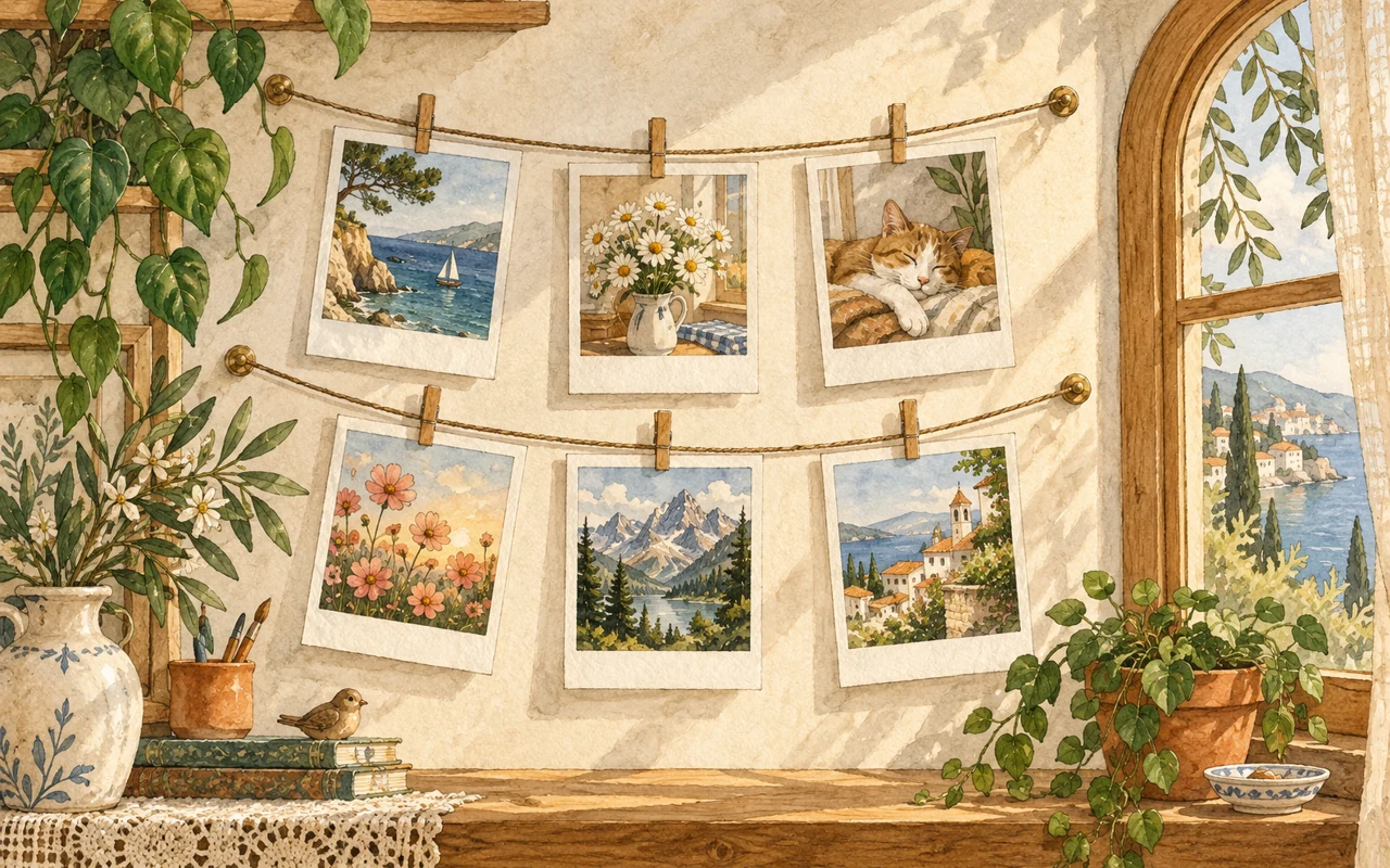Little photo wall: ink-wash illustration of photographs clipped to gently curved strings on a warm wall beside a leafy plant