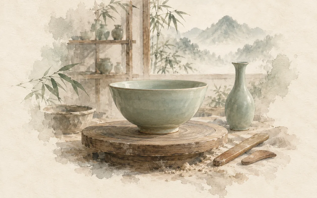 Quiet Kiln: ink-wash illustration of a celadon bowl on a wooden wheel beside a slender vase and a mountain window