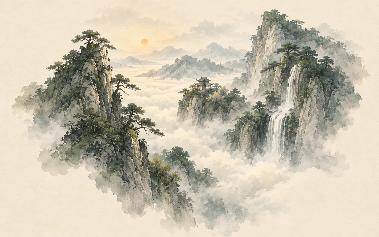 Above the Quiet Peaks: ink-wash illustration of layered peaks above a sea of clouds, with pine branches, a waterfall and a small temple in warm dawn light