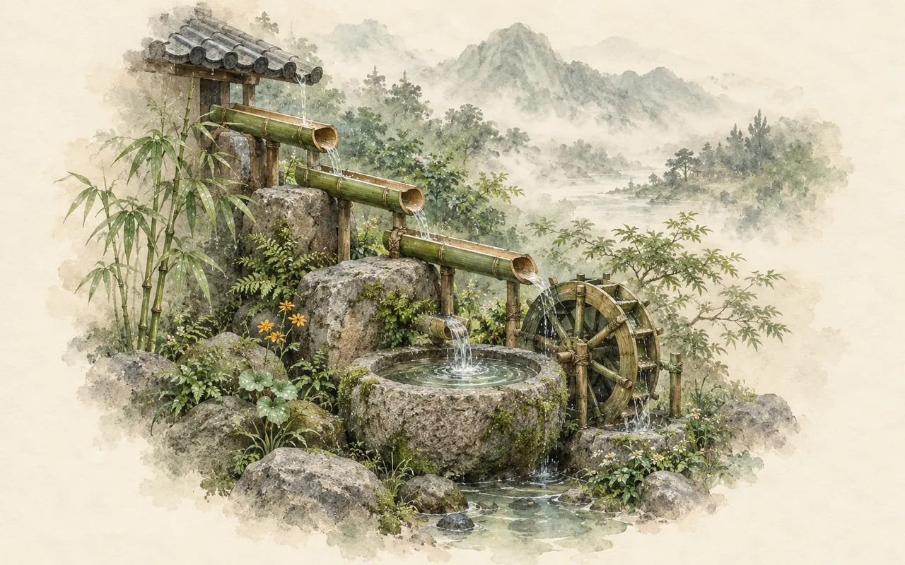 Rainward Garden: ink-wash illustration of rain following bamboo channels between stone bowls and moss terraces in a quiet hillside garden