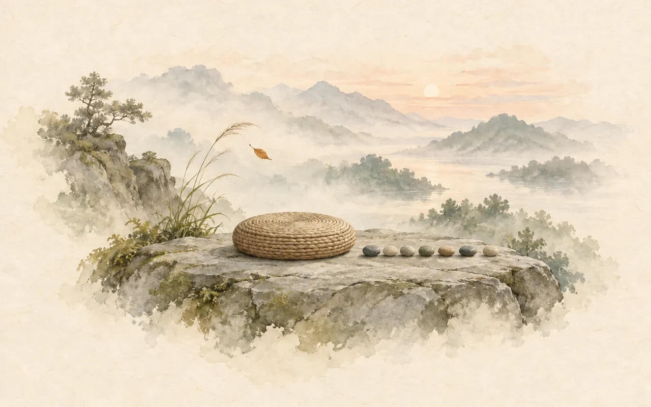 Seven days of stillness: ink-wash illustration of an empty woven meditation cushion and a row of seven pebbles on a stone ledge at dawn