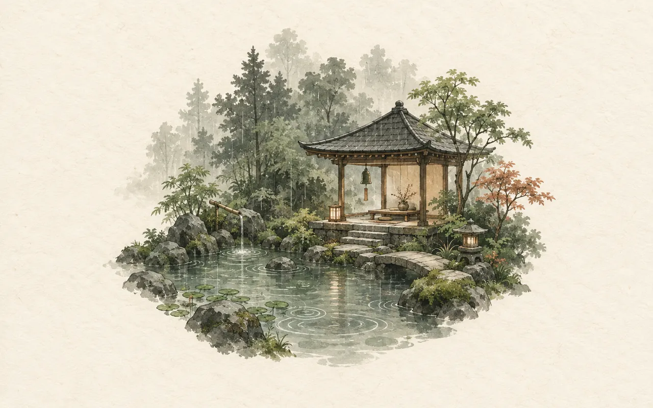 The sound garden: ink-wash illustration of a small pavilion with a hanging bell beside a rain-dimpled pond in a misty forest