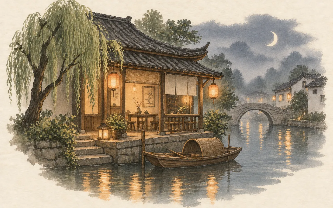 The little teahouse: ink-wash illustration of a lantern-lit canal teahouse beneath a willow at dusk, with a stone bridge and a moored boat