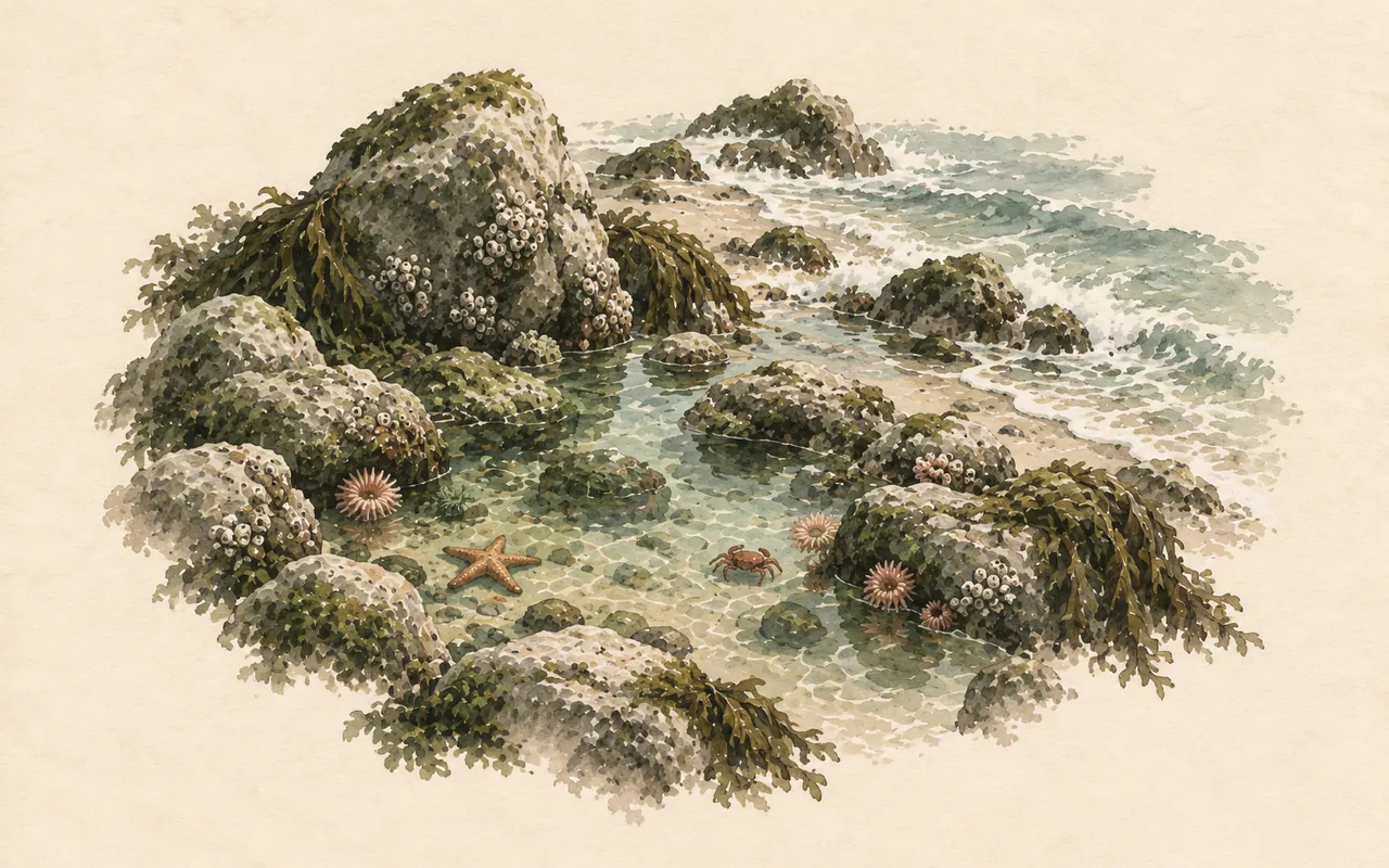 Tidal garden: ink-wash illustration of rocky tide pools with starfish, sea anemones and a crab along a misty shore