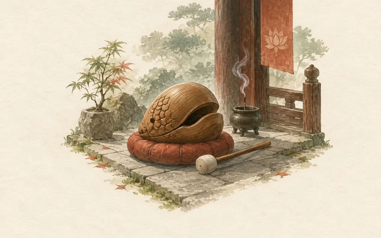 The wooden fish: ink-wash illustration of a carved wooden fish drum and its mallet on a red cushion beside an incense burner
