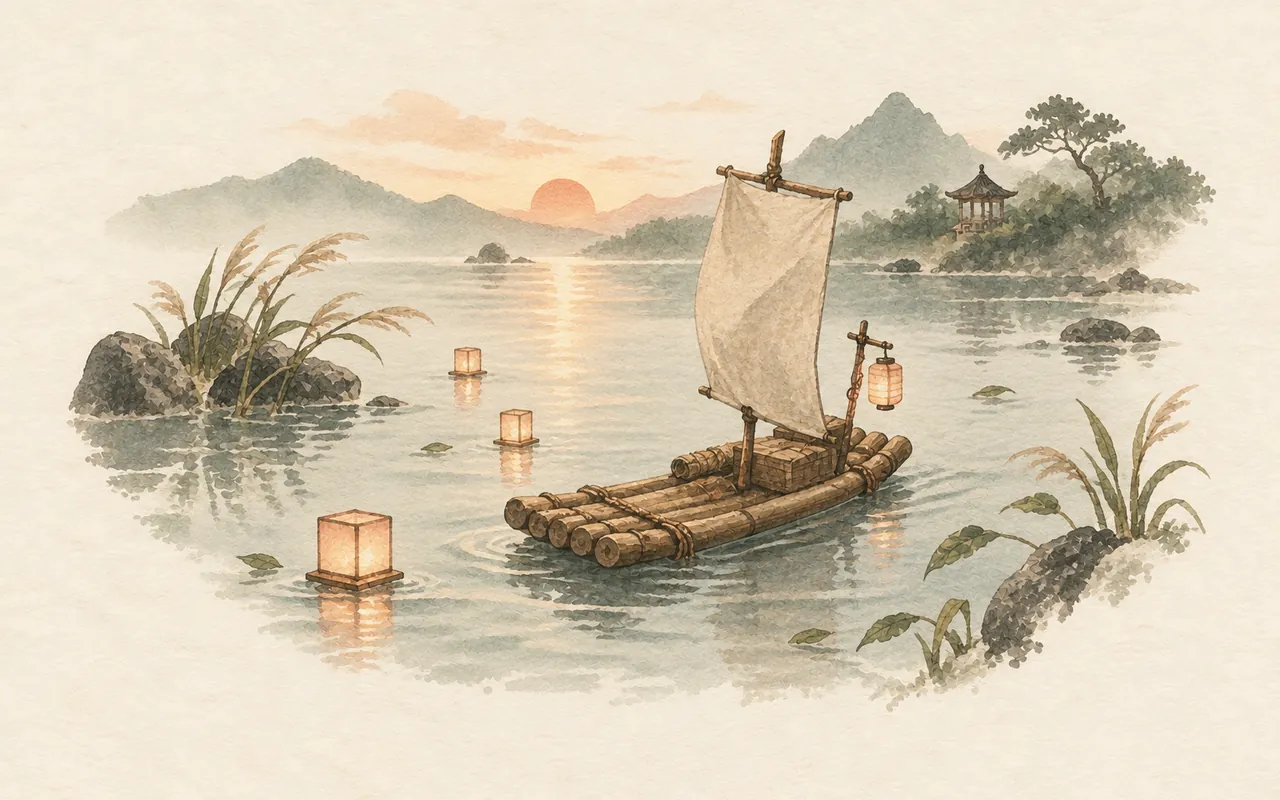 Zen raft: ink-wash illustration of a bamboo raft with a cloth sail drifting among floating lanterns on a lake at sunrise