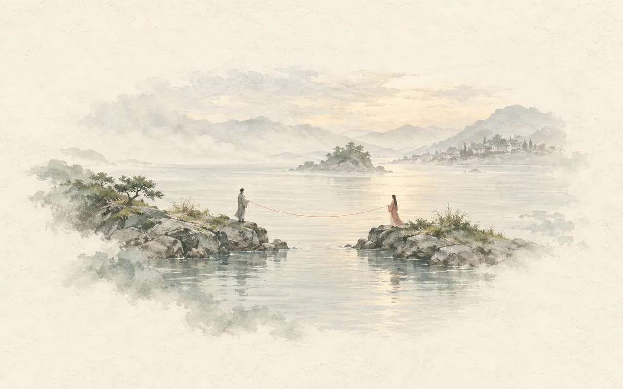 City of Stillness: ink-wash illustration of two small figures on neighboring rocky shores, joined by a fine red thread across a calm inlet
